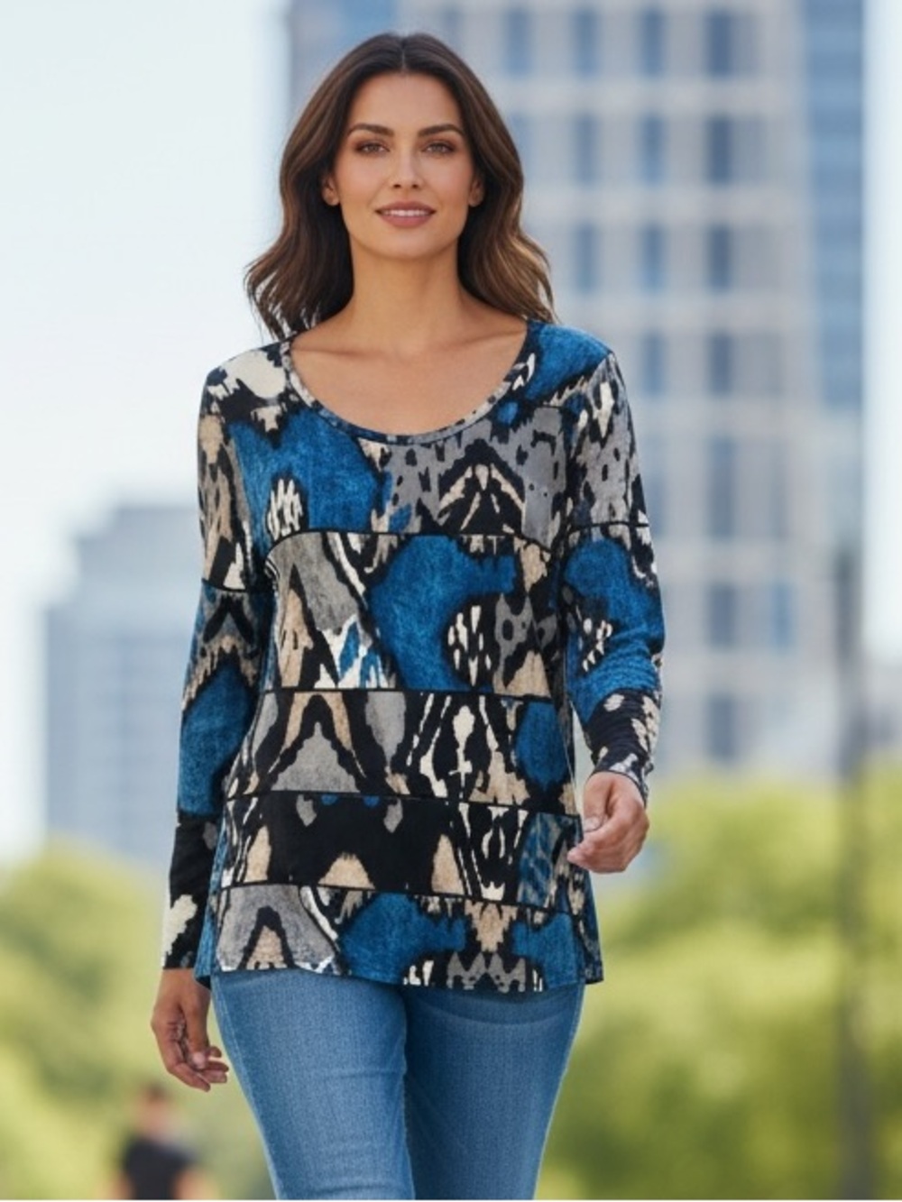 Coco Bianco Scoop Neck Abstract Print Long Sleeve High Low Style Tunic Size L